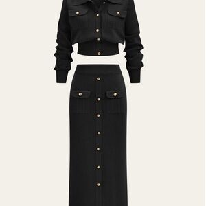 Metal Button Collard Cardigan and Midi Skirt Set Black Extra Large